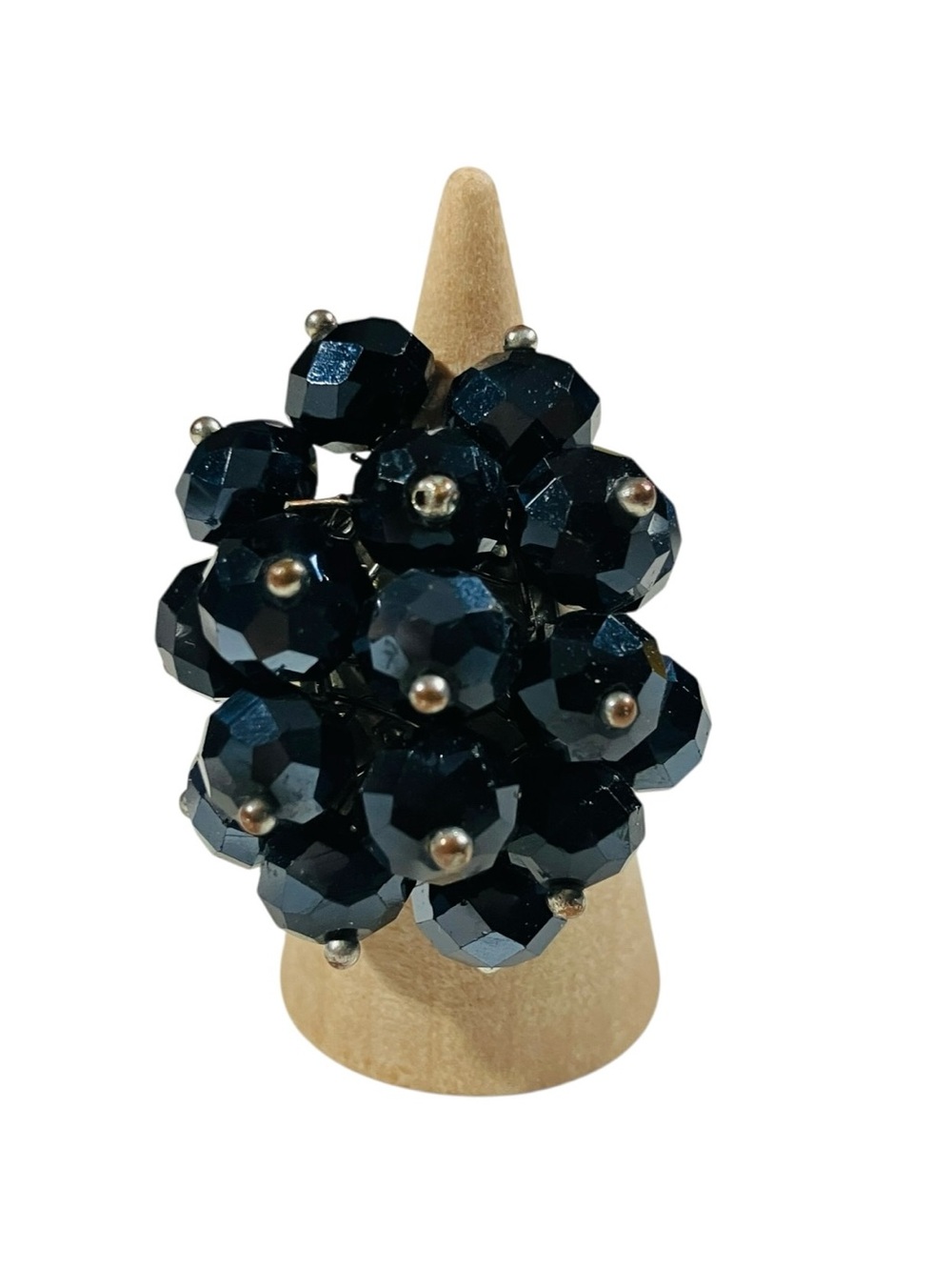 Vintage Black Faceted Beaded Adjustable Cocktail Ring Whimsical Retro Glam